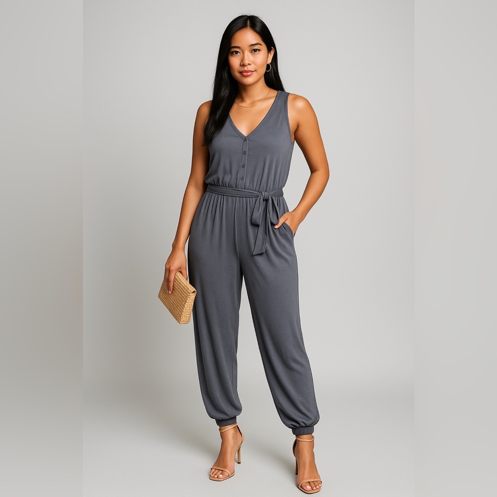 Abercrombie & Fitch Sleeveless Button-Front Tie Waist Jumpsuit Women’s XL - Picture 3 of 14